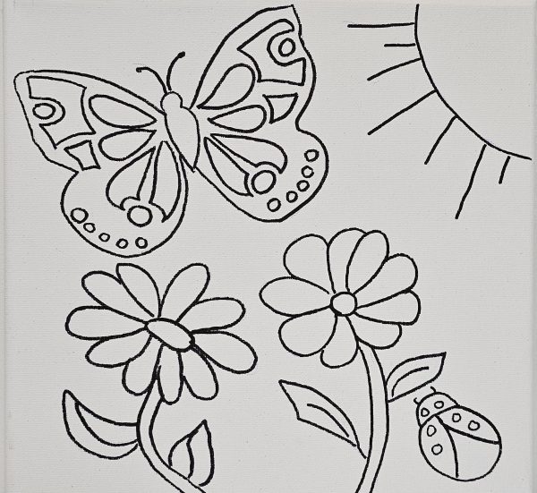 Flat view of butterfly canvas with flowers, sun, and ladybug