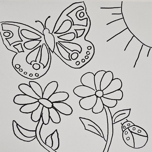 Flat view of butterfly canvas with flowers, sun, and ladybug