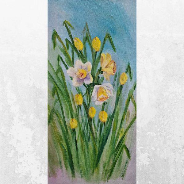 12x24 original acrylic painting of yellow and white daffodils against a neutral background