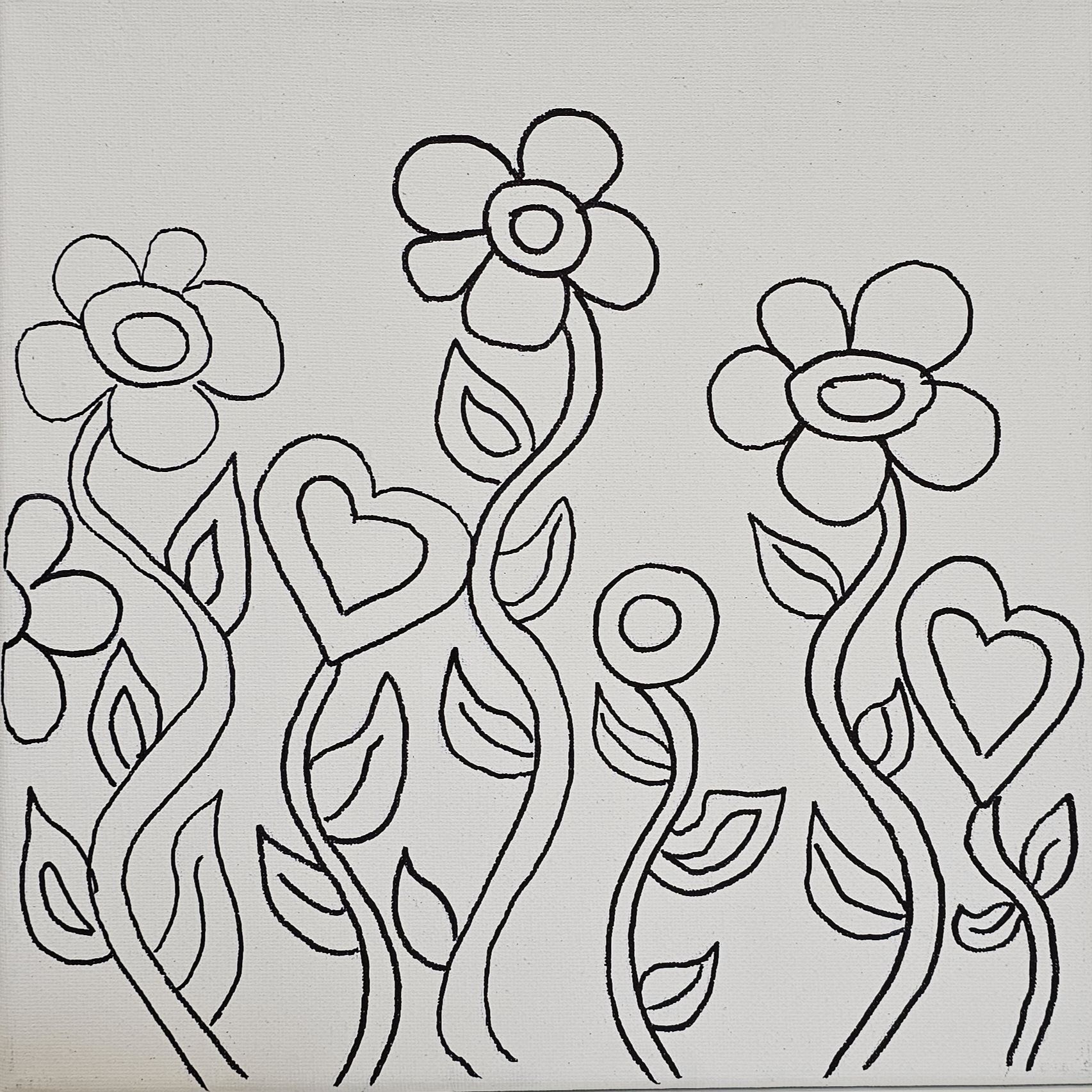 Flat lay of Dancing Blooms canvas featuring six whimsical flowers swaying