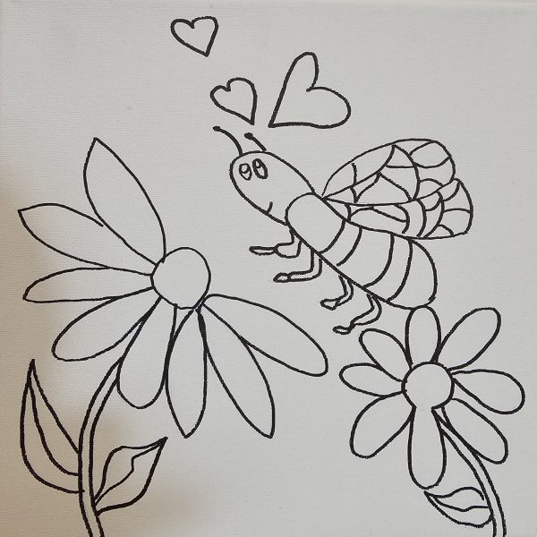 Canvas with bee and hearts between two flowers