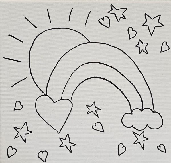 Rainbow canvas with sun, clouds, hearts, and stars