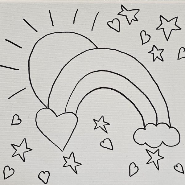 Rainbow canvas with sun, clouds, hearts, and stars