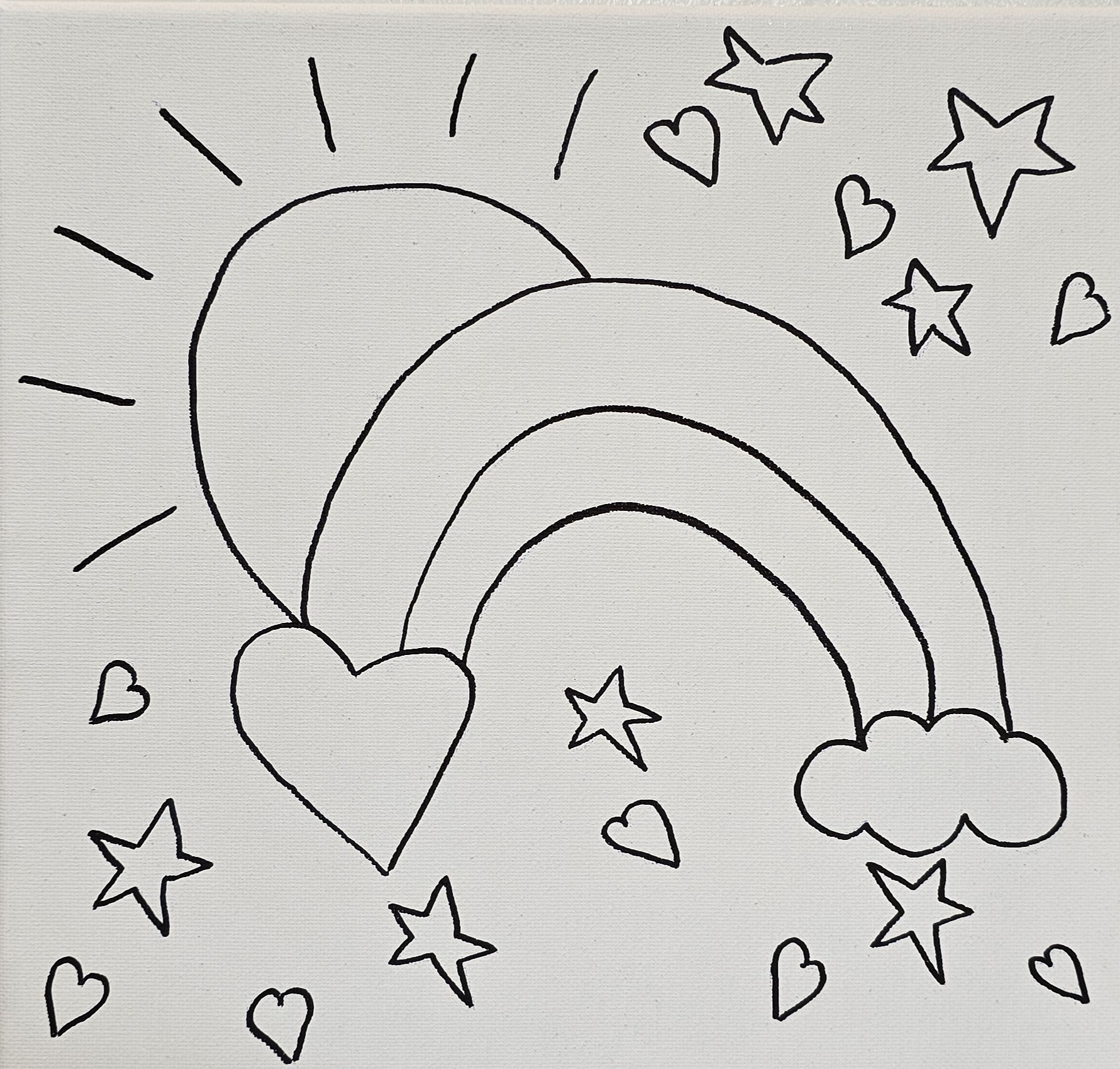 Rainbow canvas with sun, clouds, hearts, and stars