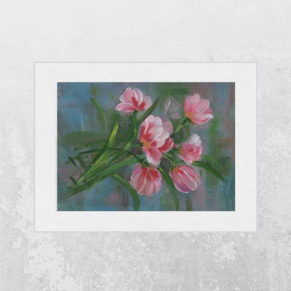 Hand-painted Red and Pink Tulips 8x10 floral print matted to 11x14 on neutral background