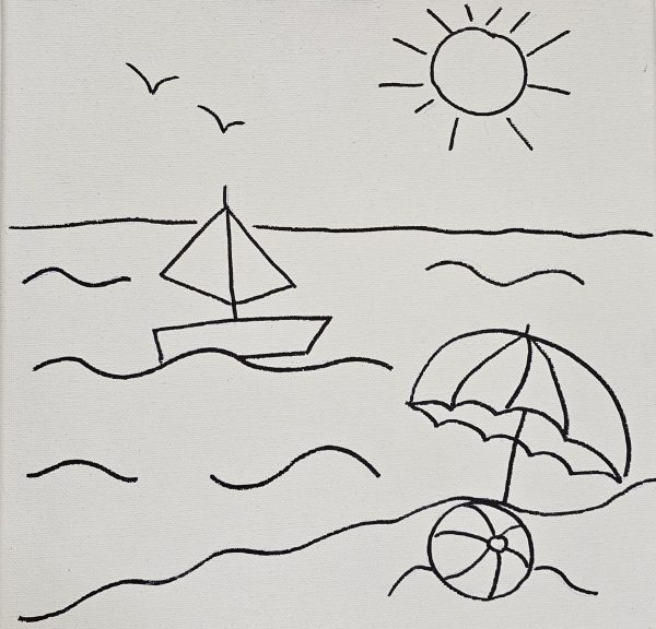Flat lay of Seaside Escape canvas showing boat, umbrella, and beach ball