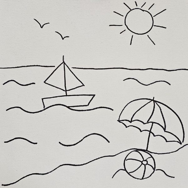 Flat lay of Seaside Escape canvas showing boat, umbrella, and beach ball