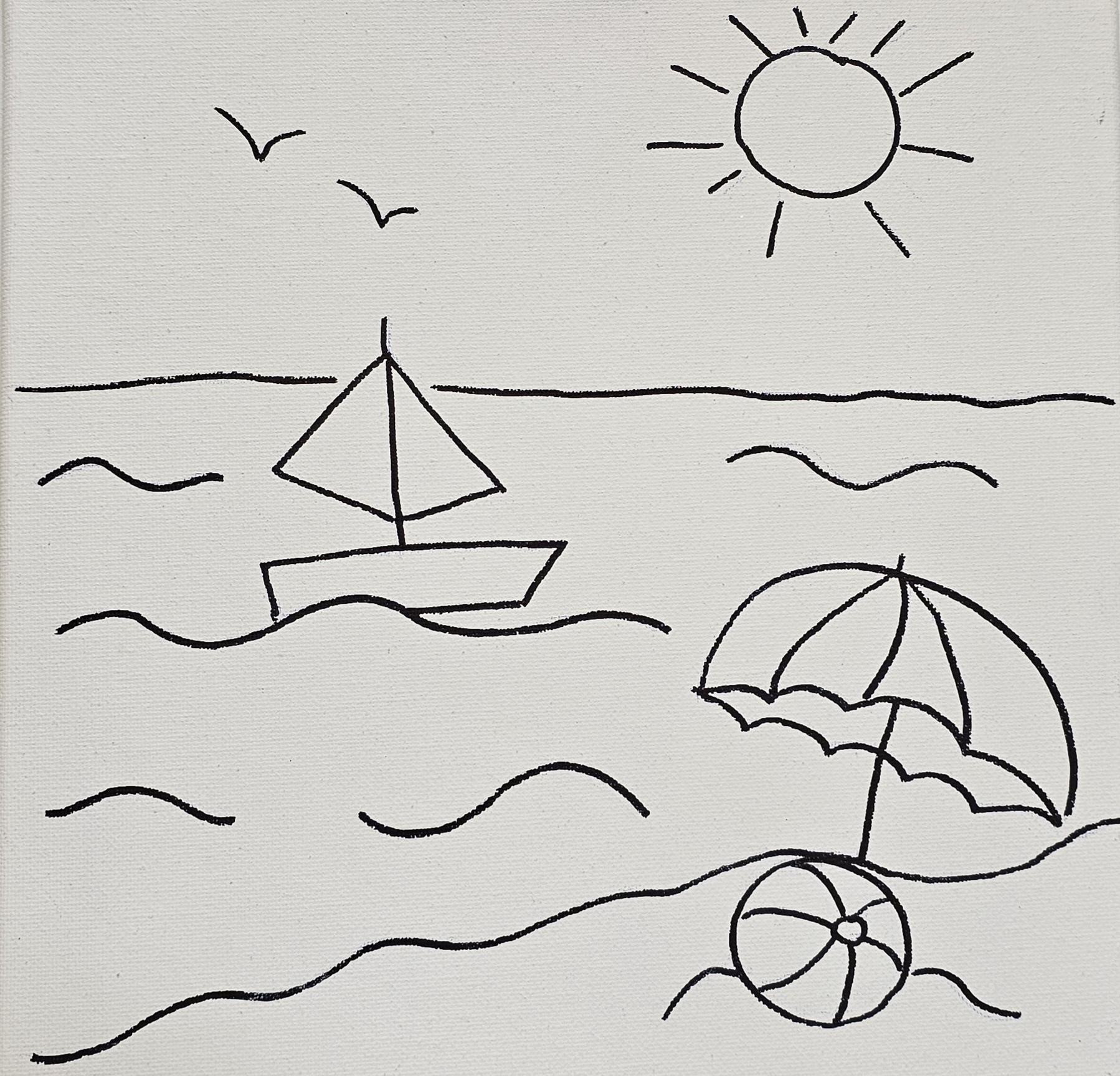 Flat lay of Seaside Escape canvas showing boat, umbrella, and beach ball