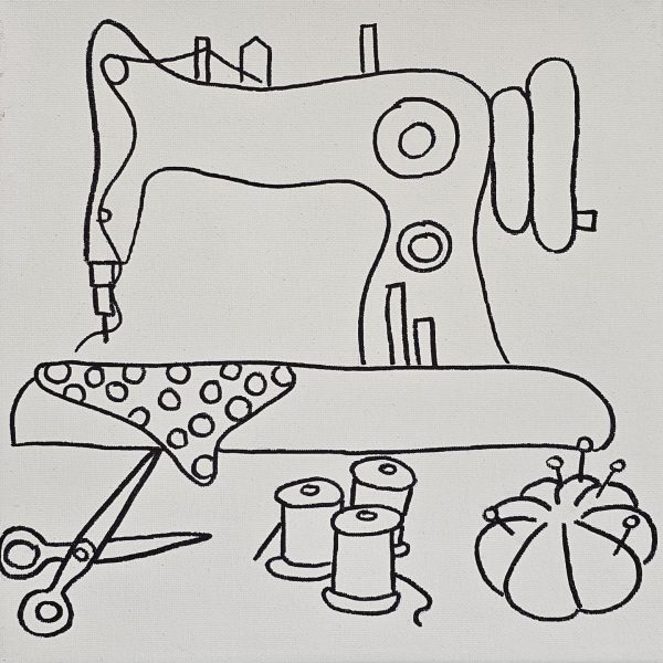 Flat lay of Sewing Machine canvas showing a classic sewing machine illustration