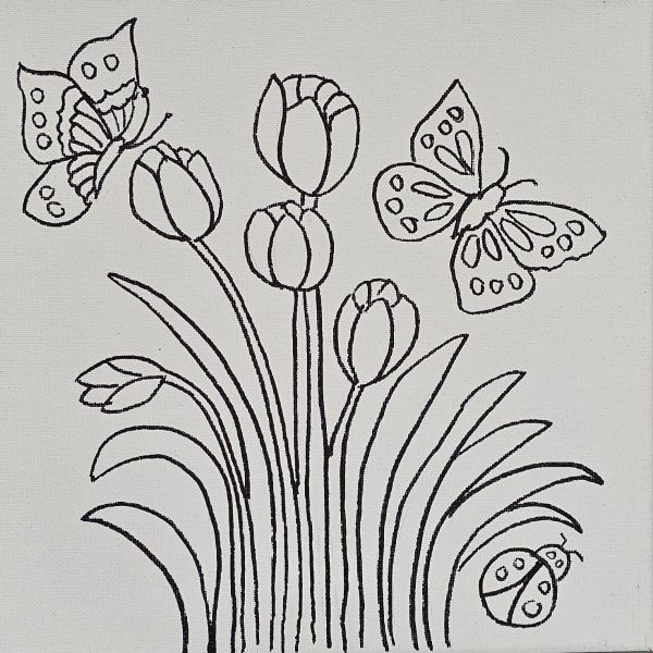 Canvas with blooming tulips and butterfly above
