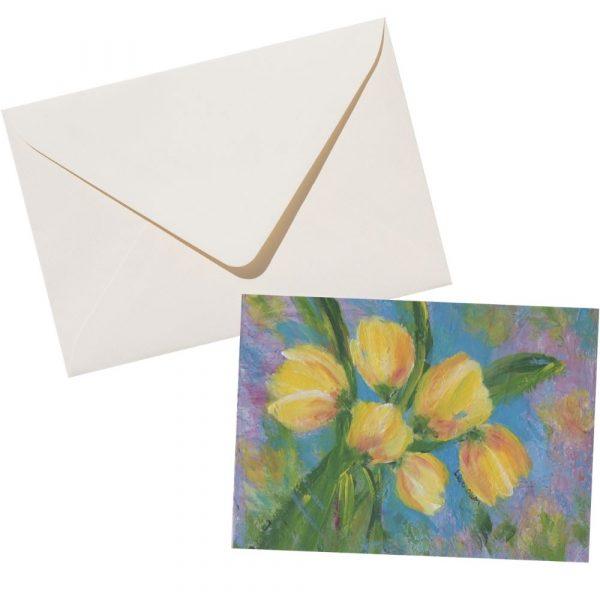 Hand-painted greeting card featuring yellow tulips with green leaves on an abstract purple and sky blue background.