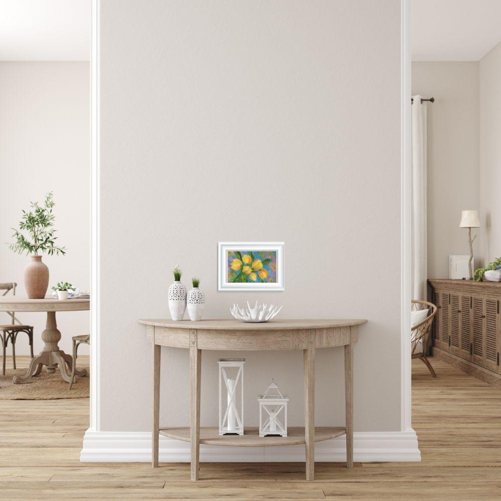 Framed 5x7 Yellow Tulips floral watercolor print matted to 8x10 and hanging above small table