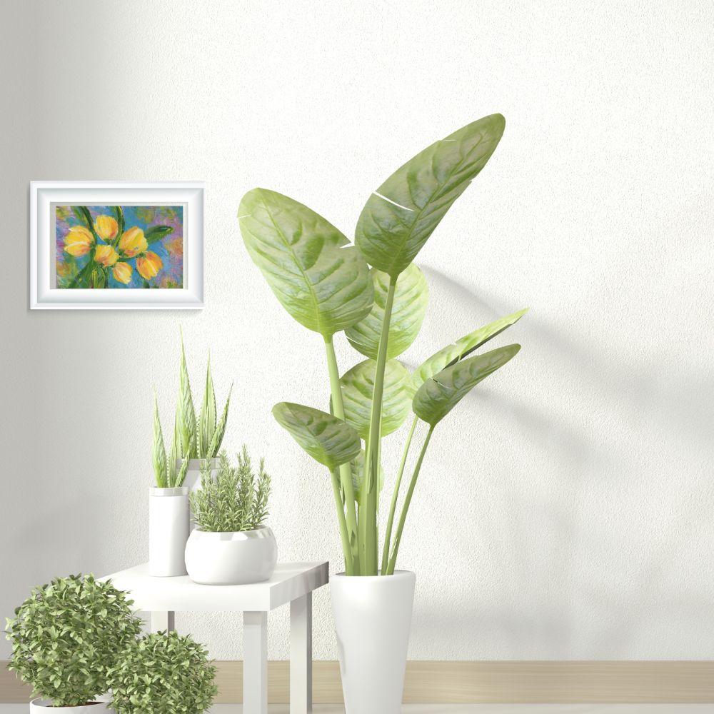 Yellow Tulips floral art print in white frame with green houseplants