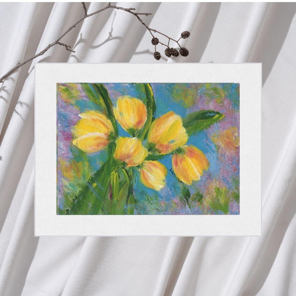 5x7 Yellow Tulips matted floral art print on fabric with natural branch styling