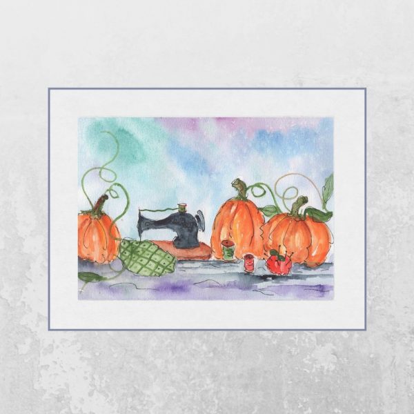 Matted 8x10 fall-themed watercolor print with vintage sewing machine and pumpkins
