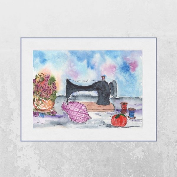 8x10 matted landscape watercolor print featuring vintage sewing machine and floral details