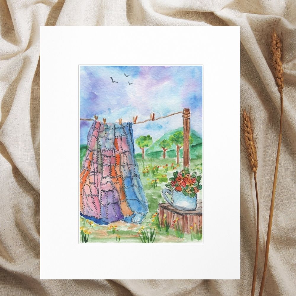 8x10 quilt-themed art print on fabric background with dried wheat styling