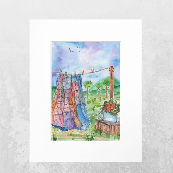 Matted 8x10 watercolor print of quilt on a clothesline with flowers and birds