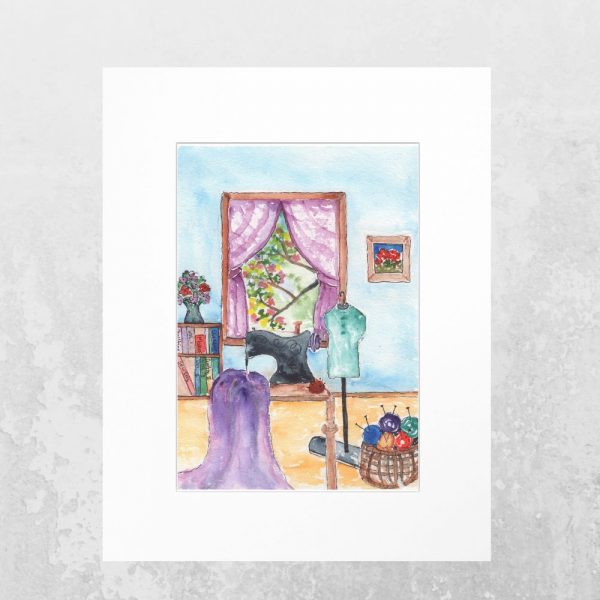 8x10 artist print of vintage sewing machine watercolor, matted on neutral background