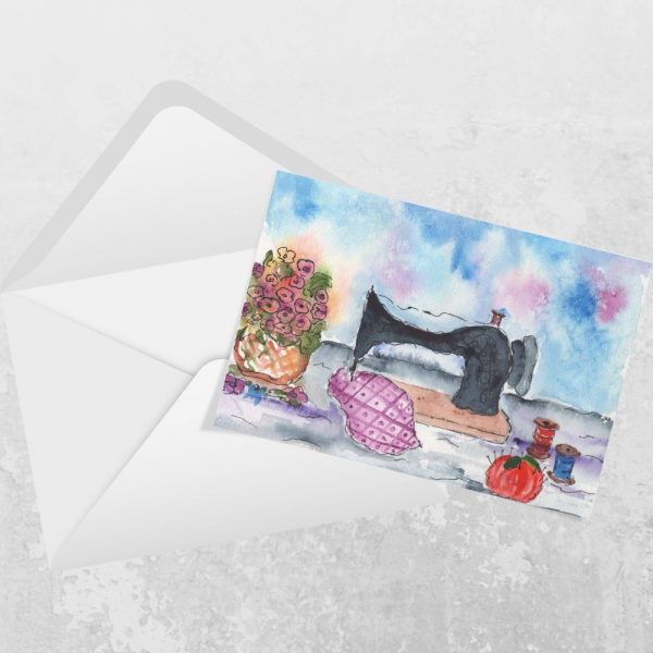 Horizontal watercolor greeting card with envelope – vintage sewing scene