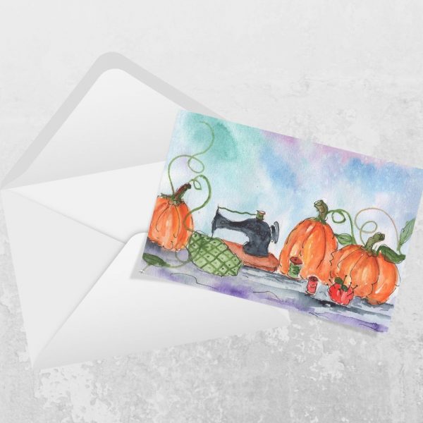 Horizontal watercolor greeting card with vintage sewing machine and pumpkins – includes envelope