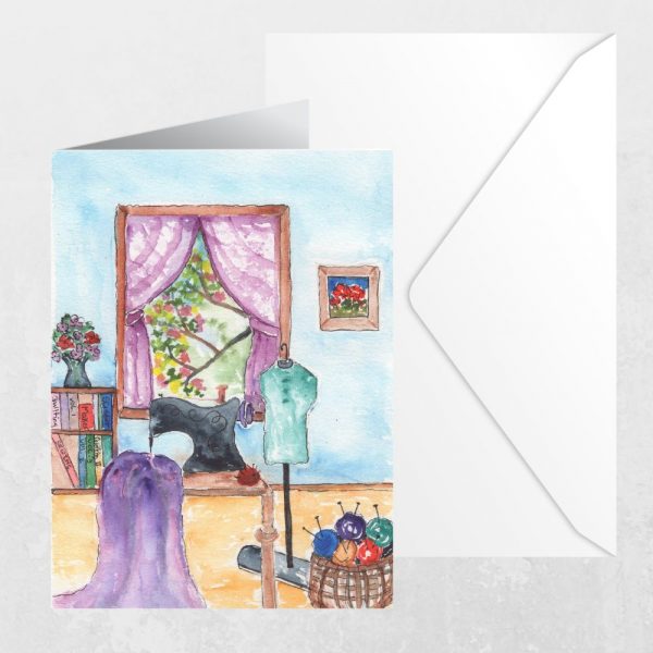 Hand-painted sewing and quilting greeting card with envelope – 5x7 watercolor card