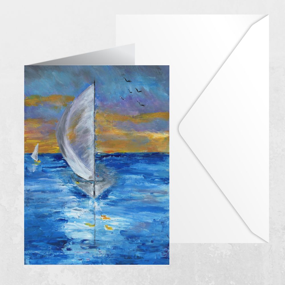 Greeting card featuring a sailboat at sunset with matching envelope