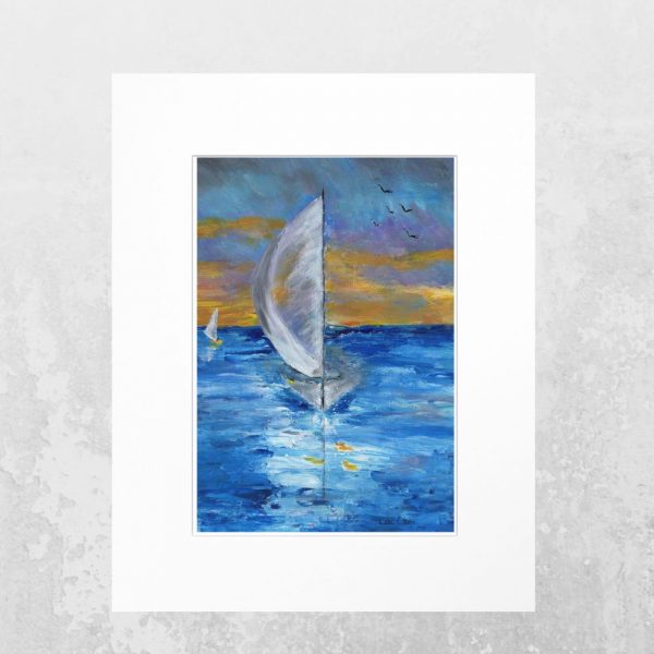 8x10 sailboat and sunset print matted to 11x14 with white mat on neutral background