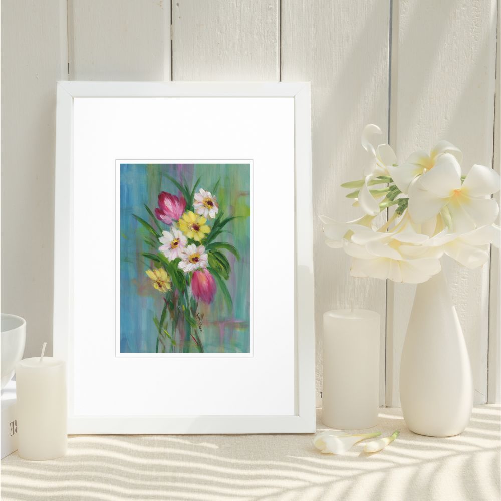 8x10 spring bouquet print matted to 11x14 in white frame, styled with candles and vase