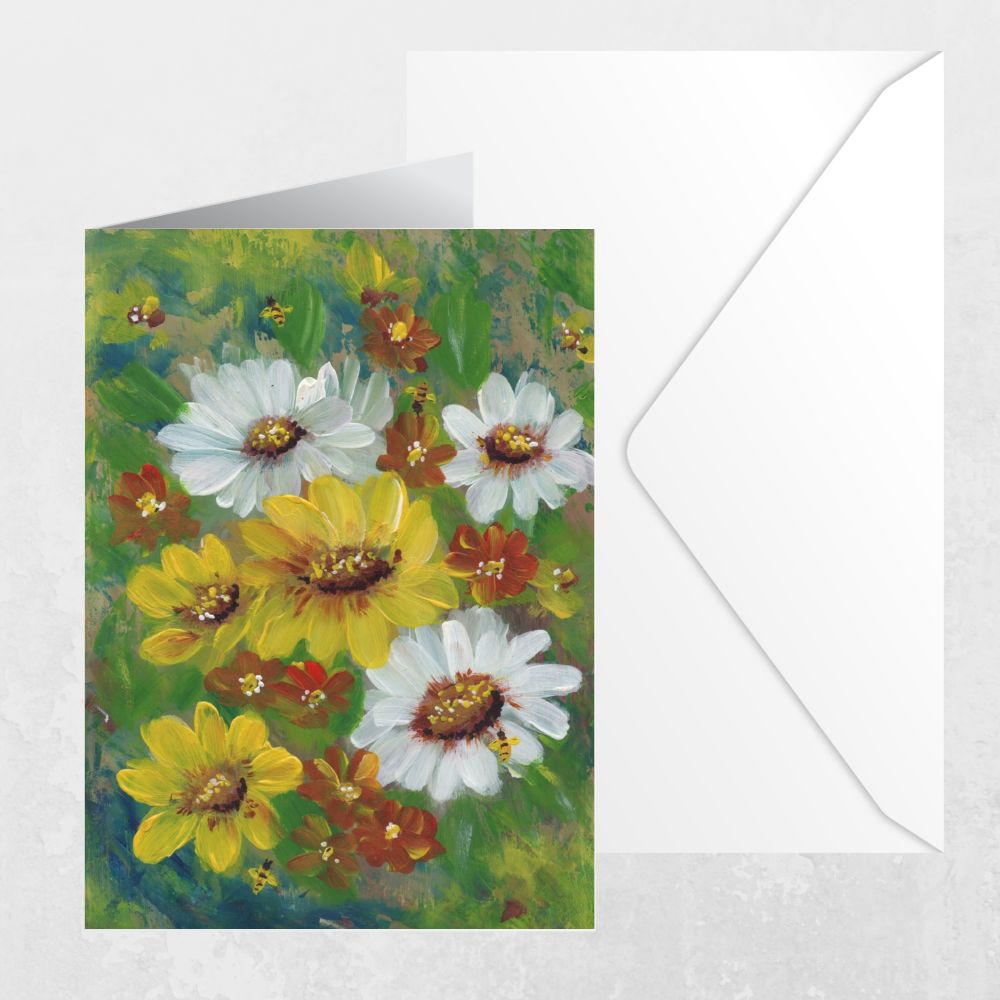 Greeting card and matching envelope featuring wildflowers and bees