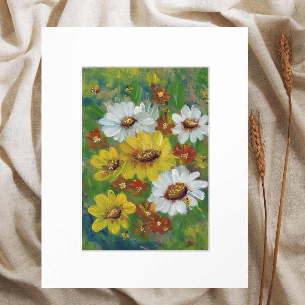 Yellow and white wildflowers art print matted to 8x10 styled with fabric and dried wheat