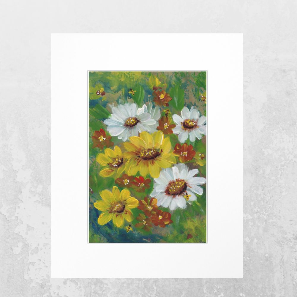 5x7 yellow and white wildflowers print matted to 8x10 on neutral background