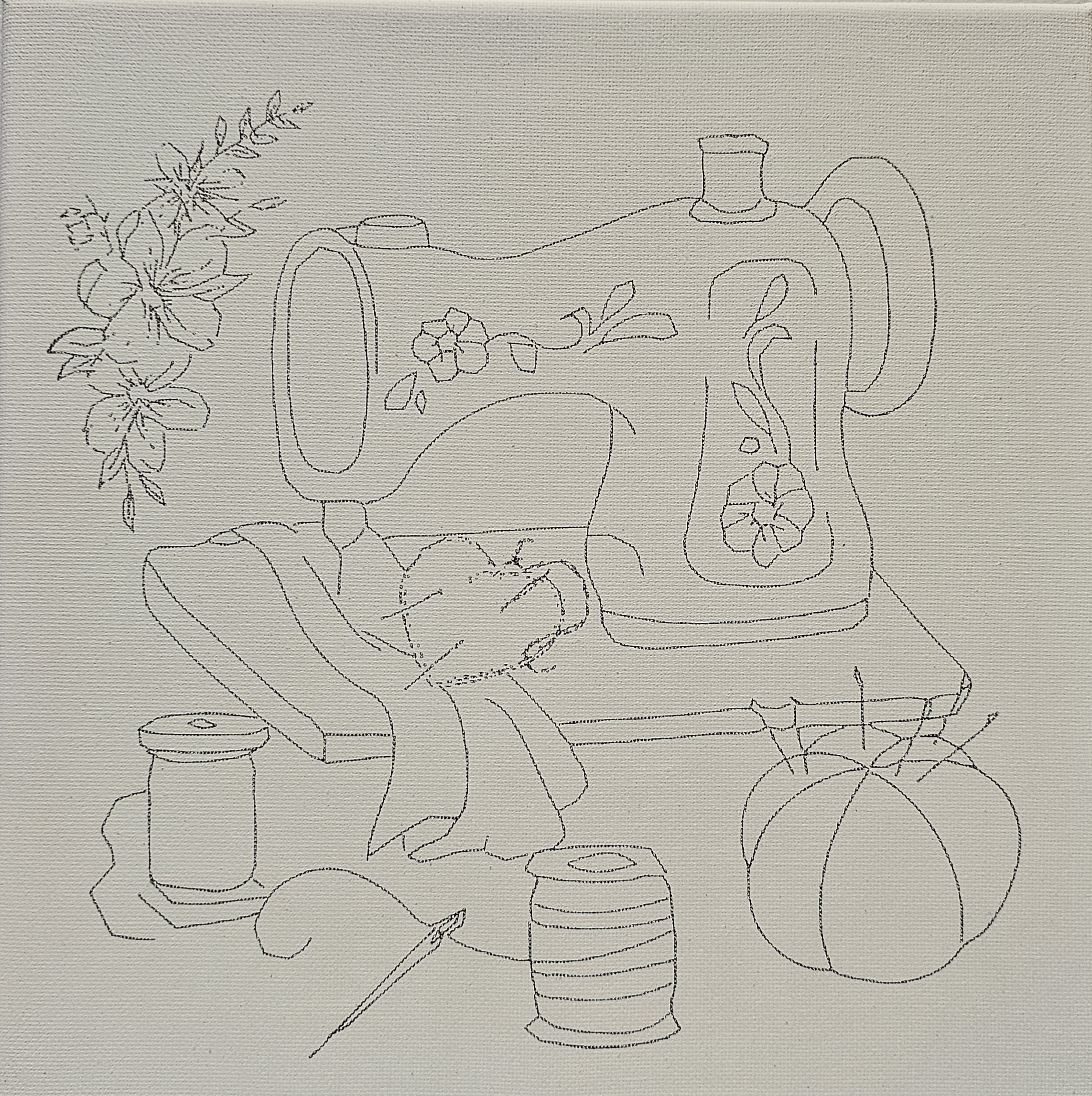 Flat lay of 10x10 Creative You Canvas featuring sewing machine, heart, and floral elements