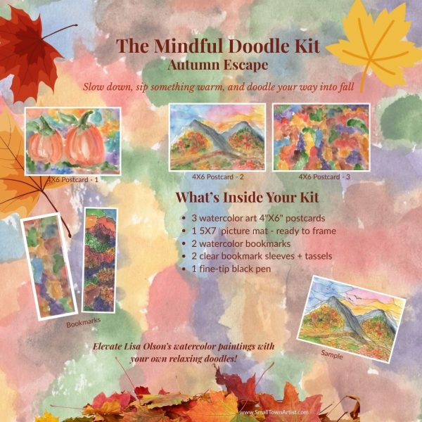 Autumn Escape Mindful Doodle Kit front cover featuring autumn-themed art postcards, bookmarks, and creative supplies