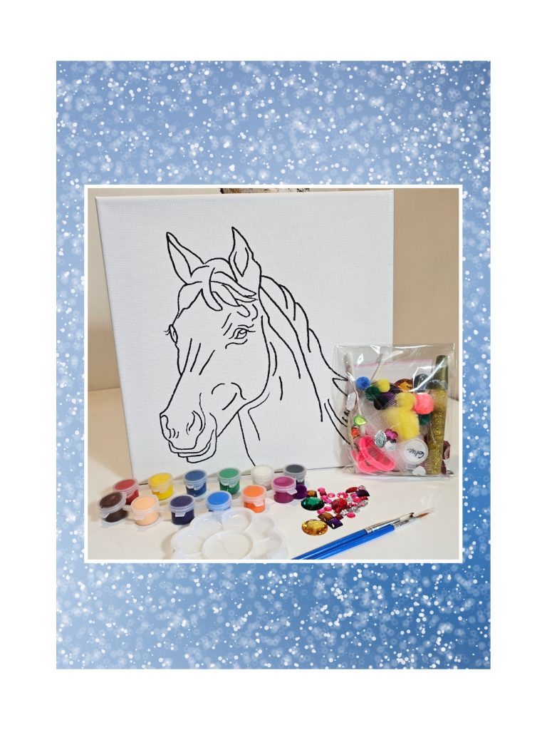Creative You art kit horse head outline on light blue background, ready to paint
