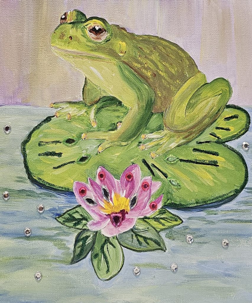 Acrylic frog painting on a lily pad with a pink water lily, part of the Creative You kit by Small Town Artist