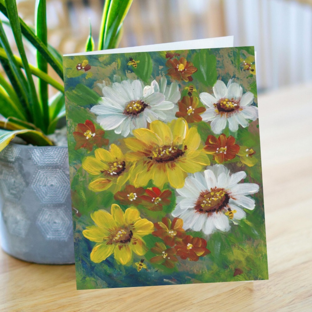 Hand-painted greeting card featuring yellow and white flowers with small red blooms, by Small Town Artist