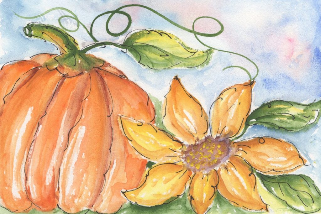 Hand-painted watercolor of an autumn pumpkin with sunflower and green leaves by Small Town Artist
