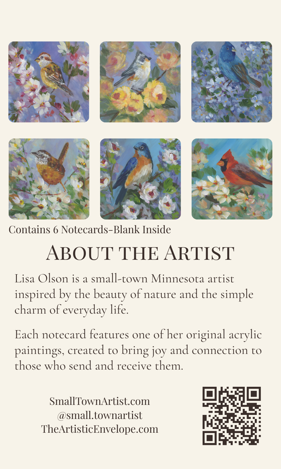 Back of Feathered Friends Collection notecard set showing six bird designs and artist information