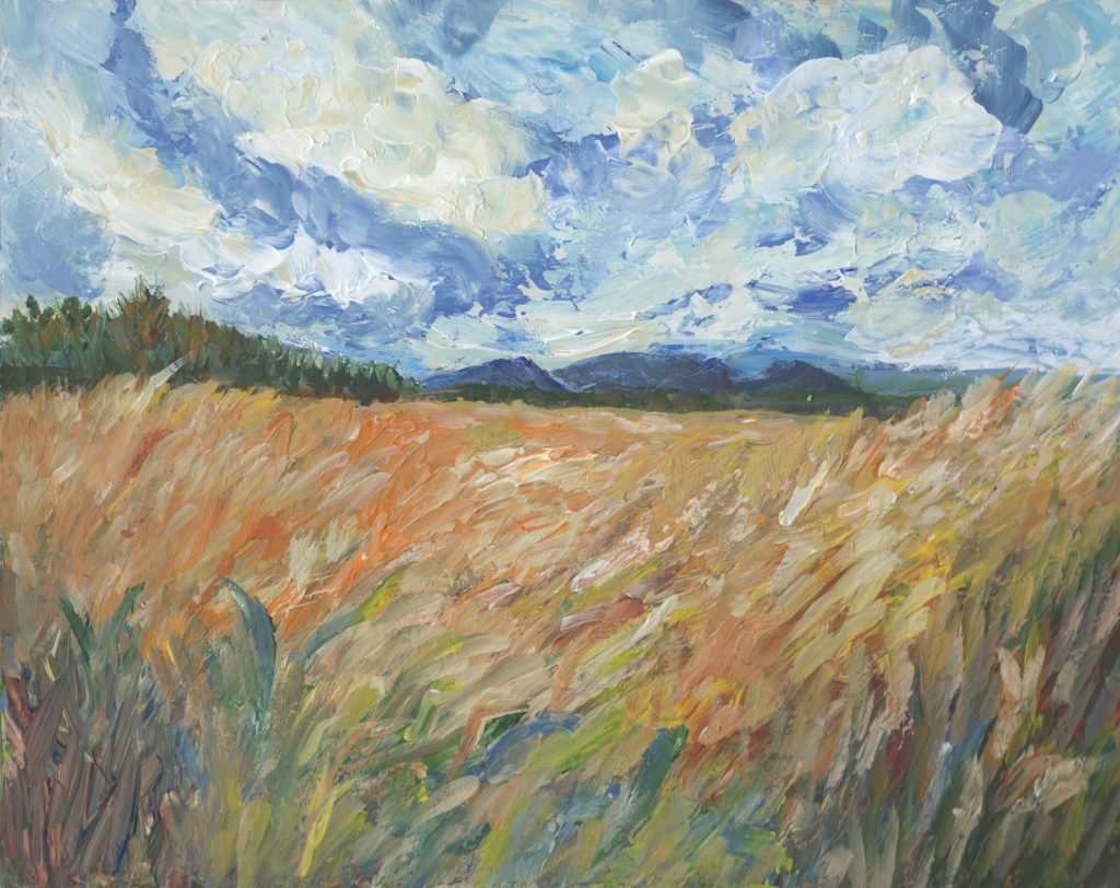 Expressive landscape painting of a windswept field beneath a textured blue sky, created with layered brushstrokes in soft blues, greens, and warm earth tones