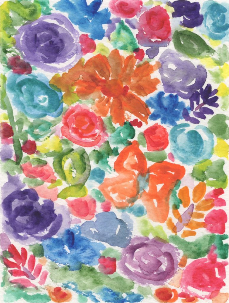 Colorful hand-painted watercolor flower doodle with loose floral shapes in pink, purple, blue, green, and orange