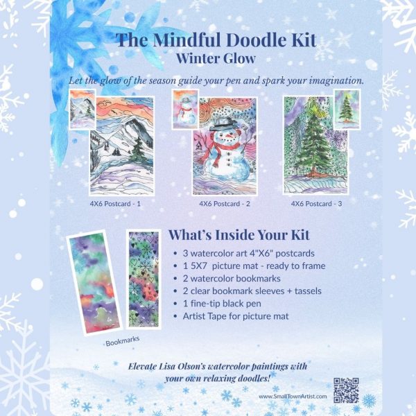 Front cover of the Mindful Doodle Kit Winter Glow featuring winter watercolor postcards and soft blue snowy design