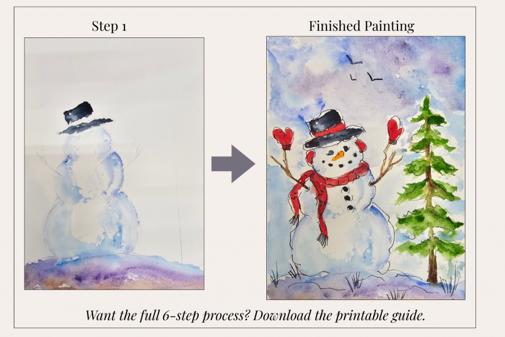 Step one and finished painting preview of a whimsical snowman watercolor tutorial