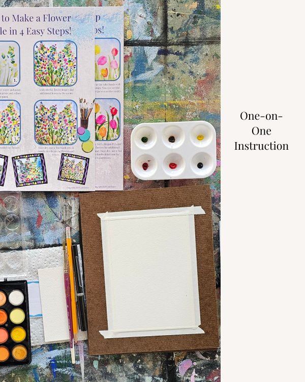 Art lesson setup with watercolor paper, paint palette, brushes, and instructional materials for private art lessons.