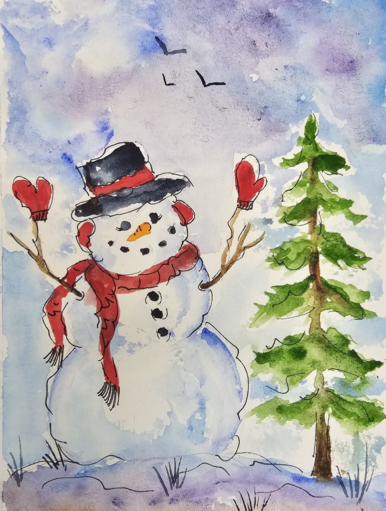 A loose watercolor painting of a cheerful snowman wearing a black hat and red scarf, standing in a snowy winter scene beside a pine tree.