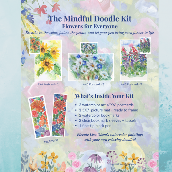Front cover of the Mindful Doodle Kit Flowers for Everyone featuring three floral watercolor postcards and pastel background design