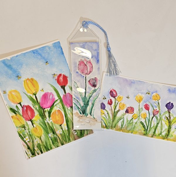 Watercolor tulip painting set including a 5x7 art piece, postcard, and bookmark from a Spring in Bloom tulips workshop by Small Town Artist.