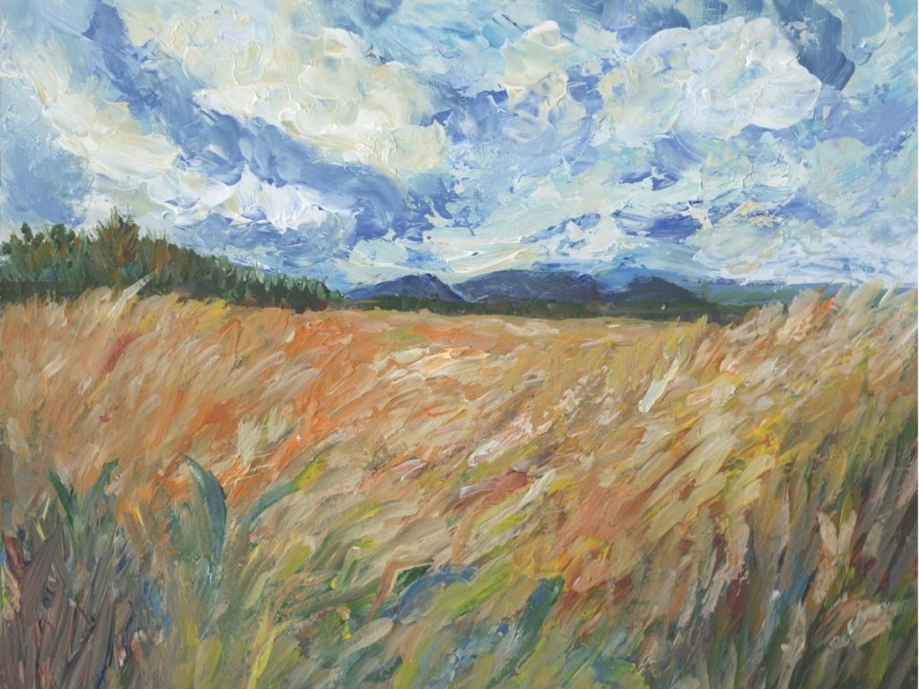 Field in Motion painting with sweeping grasses, distant mountains, and expressive sky in a Van Gogh-inspired style