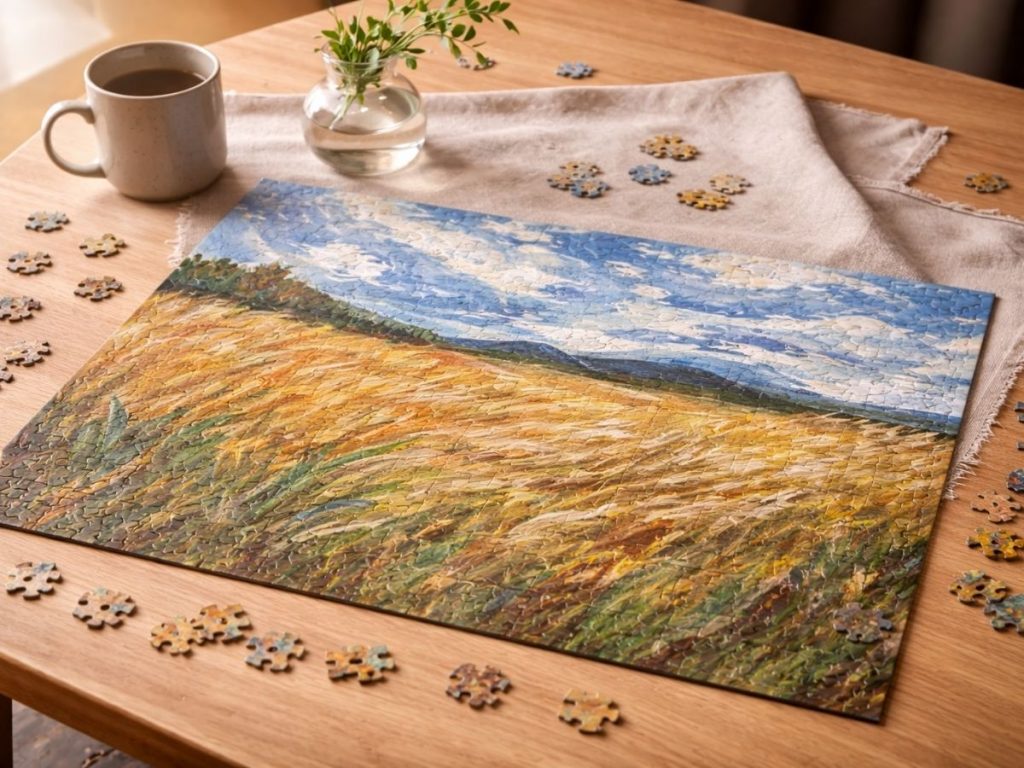 Jigsaw puzzle of Field in Motion painting with golden grasses on a wood table with scattered pieces