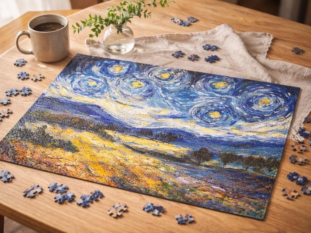Jigsaw puzzle of Night with Quiet Stars painting on a warm wood table with coffee and flowers